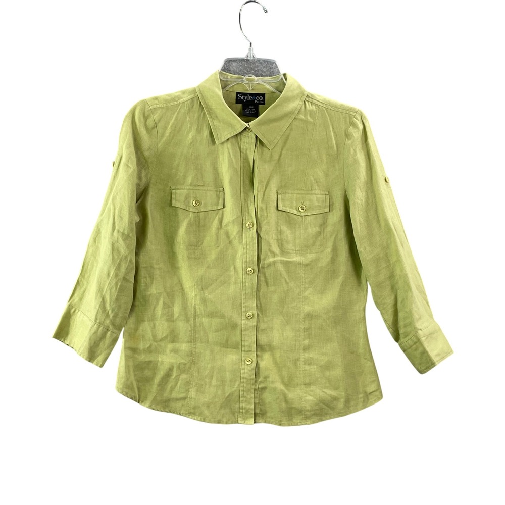 Style & Co Button Down Shirt Women's 10P Green Linen 3/4 Sleeve Roll Tab Utility